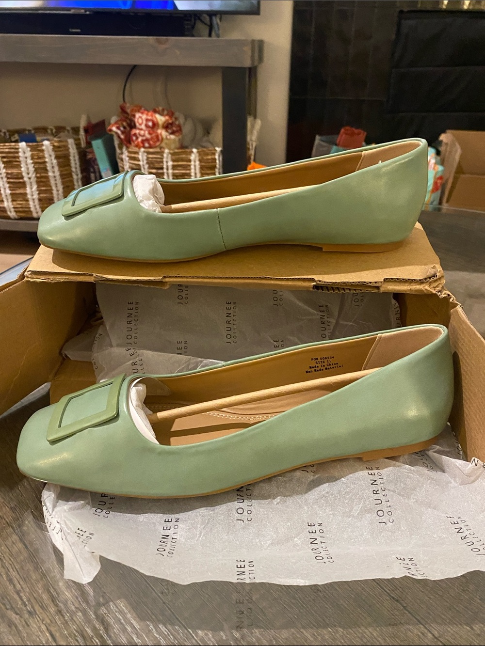 Journee Collection Pastel Mint Green Square-Buckle Flats - Picture 2 of 3